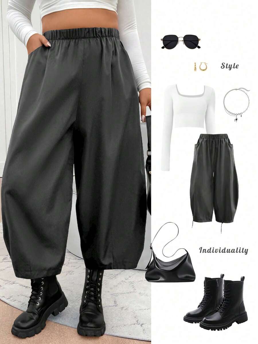 Elenzga Plus Size Casual Solid Color Loose Lantern Pants - Dark Grey - View 1