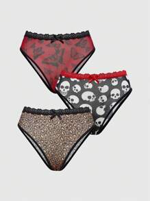 ROMWE Goth 3件套哥特风格骷髅、豹纹、蝴蝶网眼拼布蕾丝丁字裤 - 彩色 - 查看 11