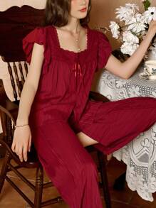 Côtesoire French Elegant Lace Trim Ladies Pajama Set Holiday Season - Burgundy - View 7