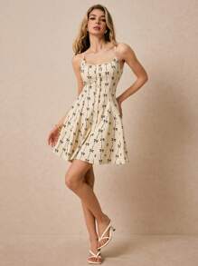 Poéselle Vestido de albaricoque, estampado de lazos, vestido de verano, vestido de Pascua para mujer, vestido corto informal con estampado de lazos y tirantes para mujer para vacaciones - Blanco - Ver 4