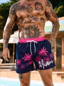 Surfspeed Men's Casual Coconut Tree Print Beach Shorts - Rose Red - View 3