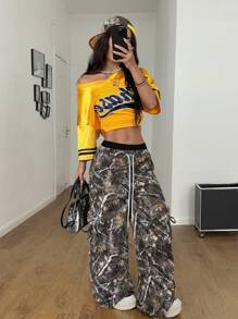 SHEIN EZwear Pantalones con bolsillos con estampado de ramas de primavera para mujer