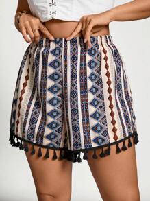 SHEIN VCAY Plus Size Women Summer Geometric Print Tassel Trim Casual Shorts, Nashville Stripe Summer Spring Easter Festival Rave Elegant Vacation Casual Boho Graduation Brunch Wedding Guest Women Bohemia Concert Country Concert Beach Vacation - Multicolor - View 6