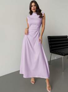 Firerie Elegant White Stand Collar Sleeveless Ruched A-Line Maxi Dress, Romantic Date & Commuting Casual Wear, Valentine's Day New Style - Violet Purple - View 7
