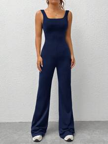 SHEIN EZwear 夏季黑色纯色针织喇叭腿背心连体裤 - 藏蓝色 - 查看 5