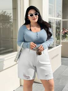 SHEIN EZwear 大码休闲纯色破洞牛仔短裤 - 白色 - 查看 6