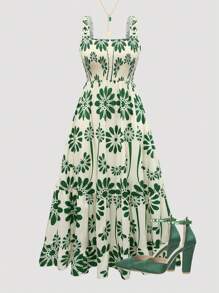 SHEIN Clasi Vestido maxi con tirantes de ajuste, escote con volantes y estampado floral para mujeres de talla grande - Verde - Ver 7