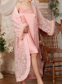 Côtesoire New Chinese Style Faux Rabbit Fur Jacquard Robe & Satin Camisole Night Gown, Elegant Set - Pink - View 6