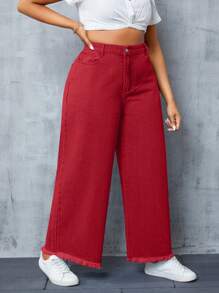SHEIN SXY 大码女式口袋阔腿宽松休闲百搭牛仔裤 - 紅色 - 查看 4