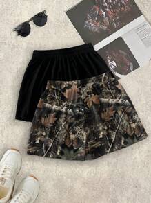Attitoon 2pcs Vintage Camo Casual Loose Drawstring Shorts Set For Women, Summer Back To School - Multicolor - View 2