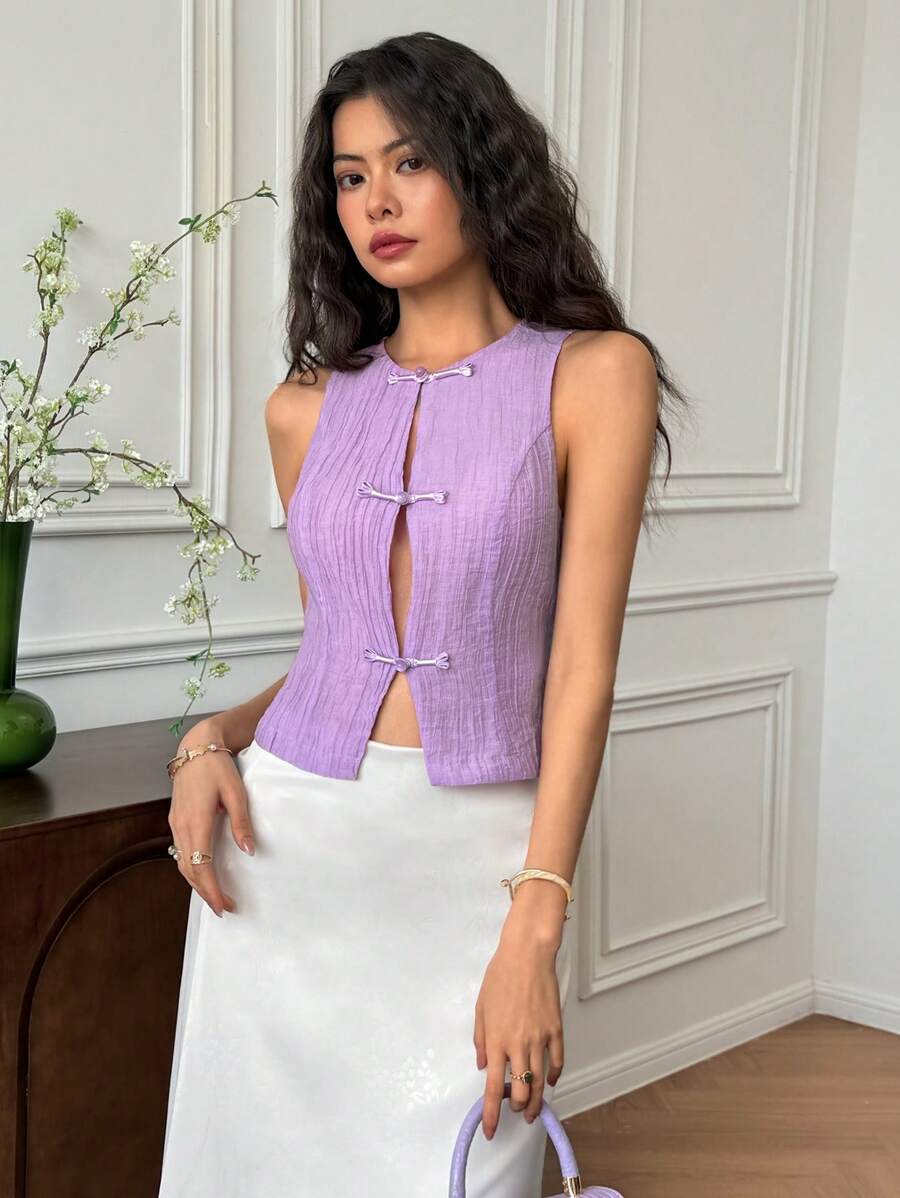 EastFlair 女士无袖纽扣细节修身背心 - 淡紫色 - 查看 1