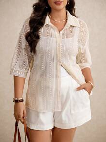 Elaquor Women Plus Size Solid Color Drop Shoulder Hollow Button Front Top - Apricot - View 2