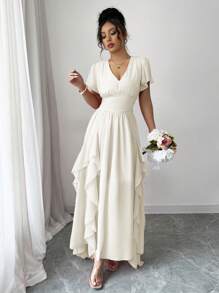 Rafferiza Elegant Ruffle Hem Fit & Flare Dress With Slim Design, French Style - Apricot - View 6