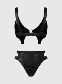 ROMWE Goth Conjunto de lencería con bustier y minifalda de tela con estampado gótico
