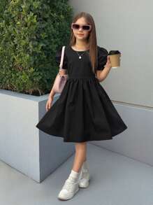 Vestido con mangas abullonadas, acampanado, de color negro y rosa con contraste, recorte calado y decoración de lazo para niña preadolescente Nova Glow, de moda y versátil para salidas, hogar, escuela, primavera/verano