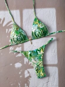 Swim Vcay Women Leopard Print Patchwork Random Starfish Metal Pendant Spaghetti Strap Sexy Bikini Set, Summer Beachwear - Multicolor - View 1