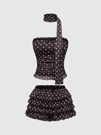 J-Fashion Y2K-Style Women 2pcs Set: Polka Dot Print Camisole Crop Top + Ruffle Hem Shorts With Tie, Summer Outfits