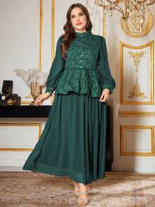 Modelyn Plus Size Contrast Panel Stand Collar Elegant Dress - Green - View 4