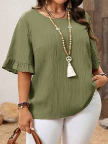 EMERY ROSE Plus Size Ruffle Hem Short Sleeves Blouse, Simple Fashion Casual Everyday Vacation Woman Spring Summer,Western Wear Women,Spring/Summer - Army Green - View 1