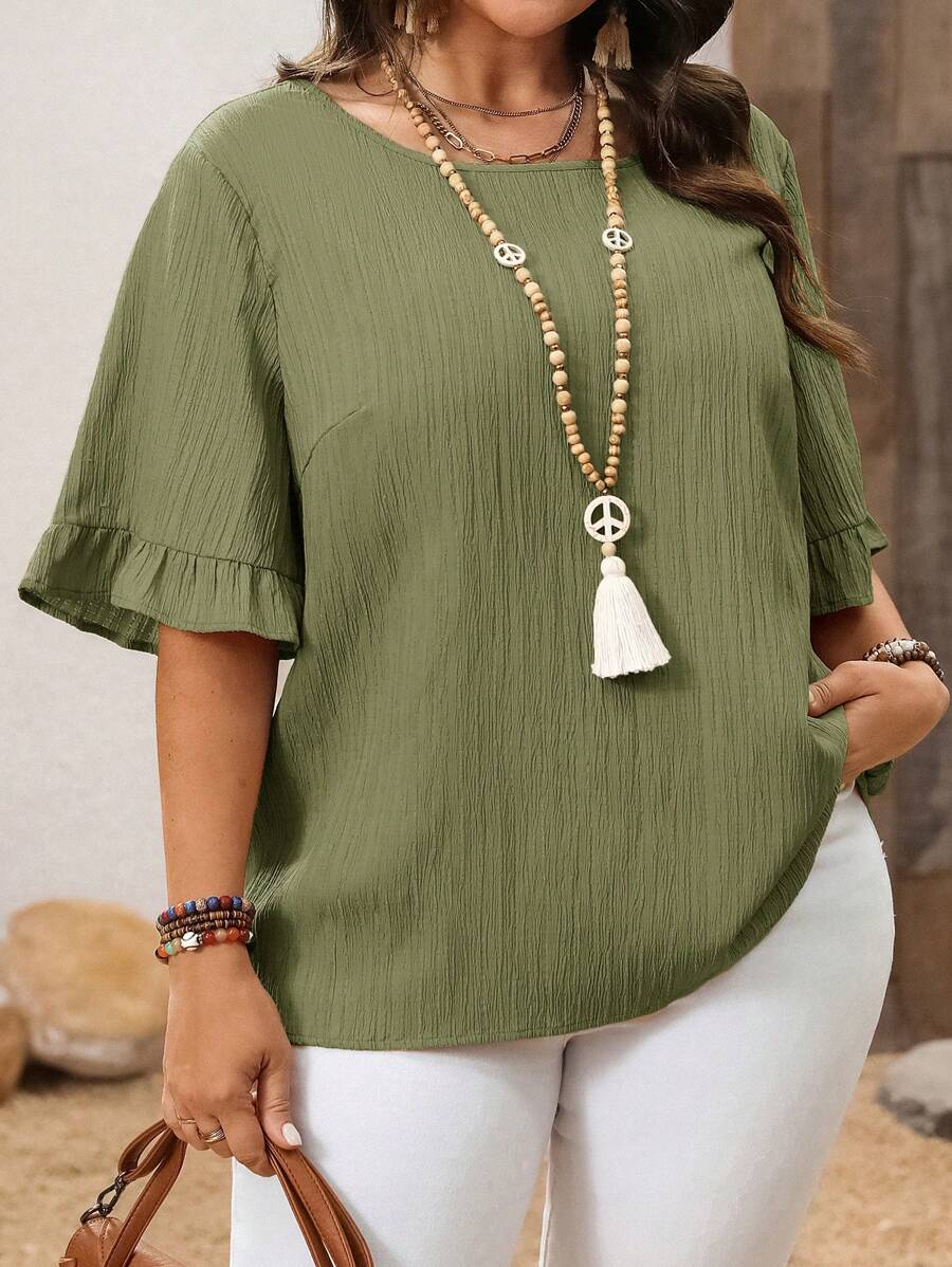 EMERY ROSE Plus Size Ruffle Hem Short Sleeves Blouse, Simple Fashion Casual Everyday Vacation Woman Spring Summer,Western Wear Women,Spring/Summer - Army Green - View 1