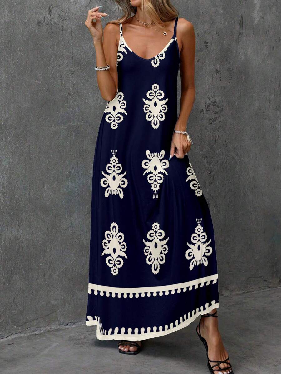 EMERY ROSE 女士休闲宽松细肩带热带植物印花连衣裙，适合夏季 - 彩色 - 查看 1