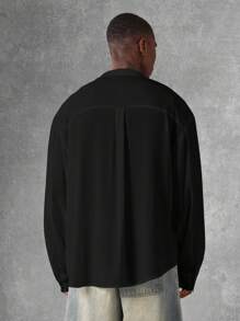 SUMWON 宽松版型纽扣领衬衫超大缺口翻领休闲设计师商务办公室长袖轻薄秋季时尚 - 黑色 - 查看 3