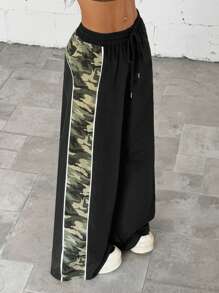 StreetHx Women's Casual Color Block Camouflage Wide Leg Pants Fall Cloth For Women - Black - View 4