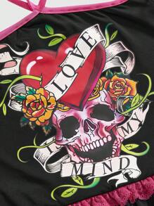 ROMWE J-Fashion Y2K 风格女式低腰迷你裙，带纹身玫瑰和骷髅图案 - 黑色 - 查看 4