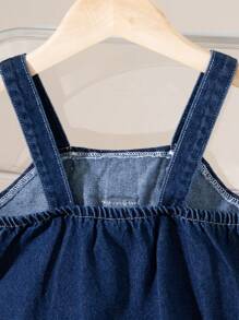 SHEIN Young Girl' Summer New Denim Sleeveless Strap Front Cute Bow Hem Ruffle Fashion Washed Deep Blue Versatile Denim Dress - Dark Wash - View 5