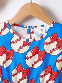SHEIN Vestido de manga corta con estampado de lazo, bloqueo de color y volantes, ideal para uso en vacaciones de verano, apropiado para niñas jóvenes - Azul - Ver 3