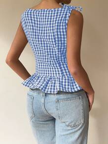 Aloruh Women's New Plaid Retro Romantic Date Afternoon Tea Bow Collar Slim Fit Ruffle Hem Camisole Y2K Style Top, Cute Casual Blouse