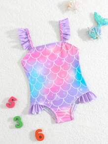 SHEIN Baby Girl Printed One-Piece Swimsuit With Ruffles, No Edges Lock - Multicolor - View 1