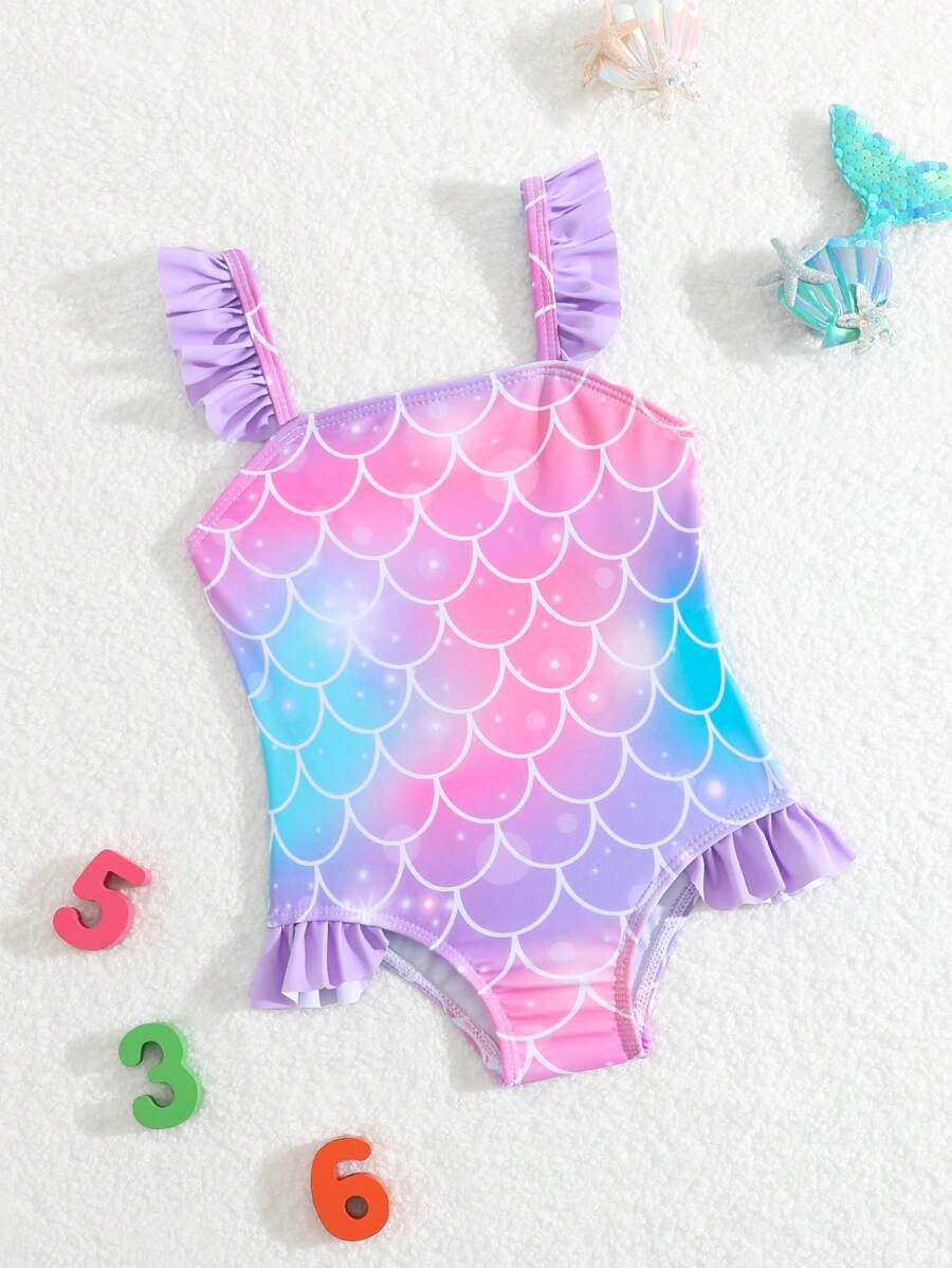SHEIN Baby Girl Printed One-Piece Swimsuit With Ruffles, No Edges Lock - Multicolor - View 1