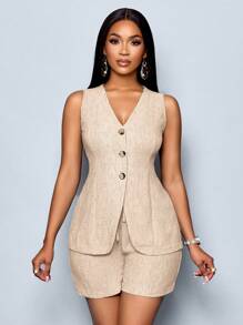 SOLERSUN Women Casual Solid Button Front Vest Blazer & Shorts - Apricot - View 5