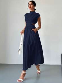 Firerie 女士优雅镂空口袋腰部收腰短袖连衣裙，日常休闲装，度假，约会，音乐节，派对，时尚风格 - 藏蓝色 - 查看 6