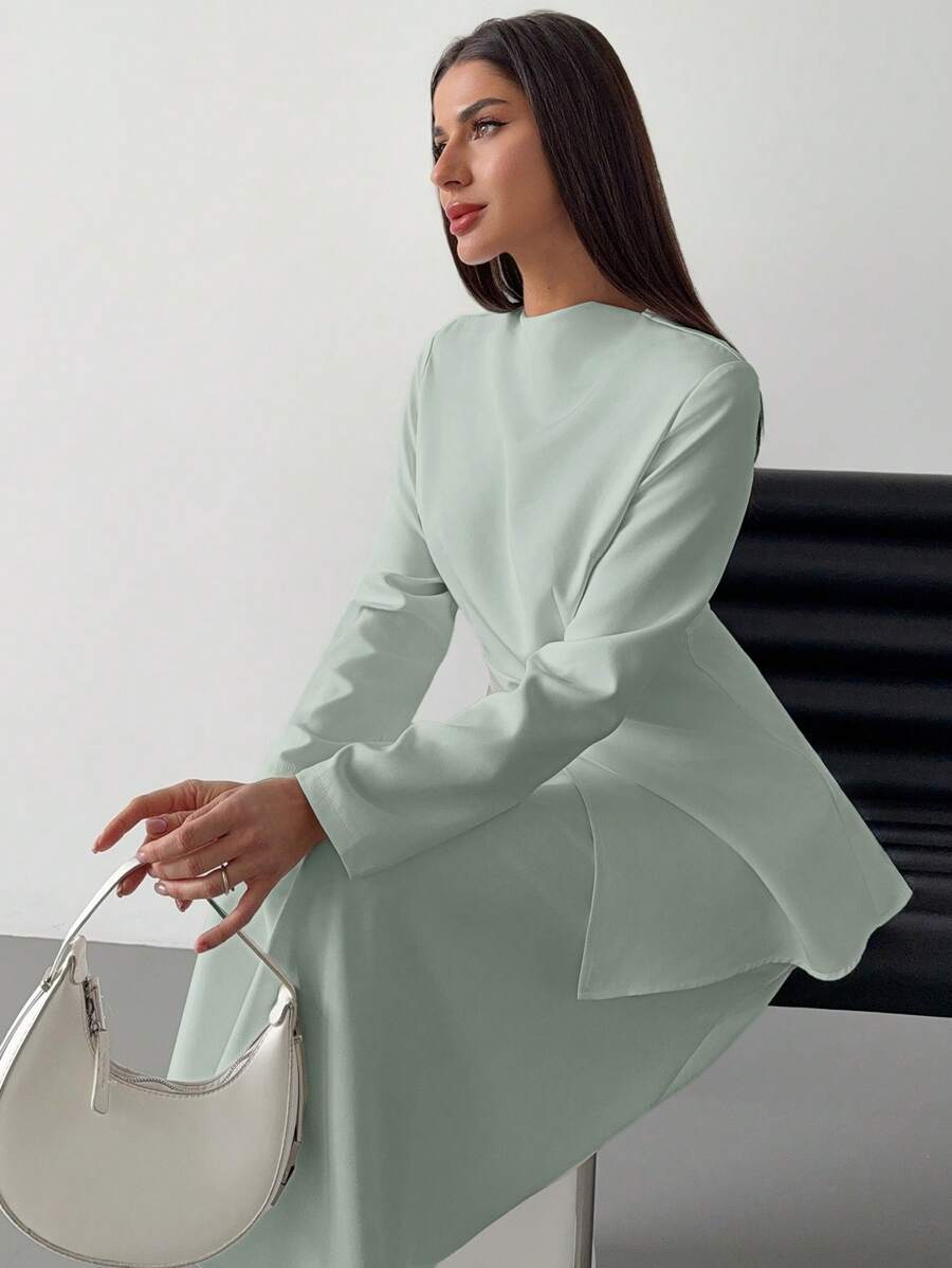 Firerie Bộ váy chữ A cạp cao thanh lịch tối giản thanh lịch tinh tế lãng mạn cho ngày đi làm của phụ nữ - Màu xanh Bạc hà - Xem 1