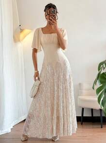 Rafferiza Váy chắp vá sequin xòe đơn giản cổ vuông thanh lịch cho nữ mùa hè, màu mơ - Màu be - Xem 4