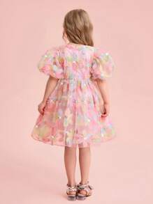 Young Girl Charming Elegant Floral Print Mesh Short Sleeve Dress, Summer - Multicolor - View 4