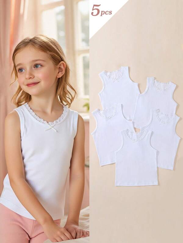 5pcs/Set Young Girl' White Solid Elegant Lace Trim Comfortable Fashionable Sleeveless Camisole Underwear Set