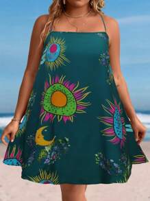 SHEIN Holidaya 大码复古印花挂脖式休闲度假连衣裙