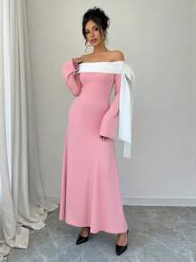 Rafferiza Abito lungo elegante da donna con decorazione a fiocco, maniche lunghe, bianco e nero