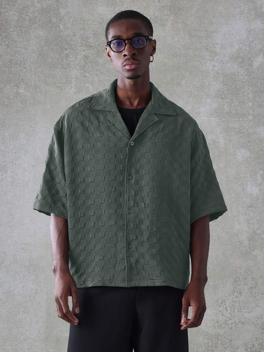 SUMWON 纹理超大露营领纽扣衬衫款式立领休闲短袖夏季度假轻便 - 綠色 - 查看 1