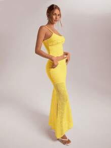 Aloruh Women Lace Asymmetric Hem Top And Ruffle Hem Mermaid Skirt 2 Pieces Set, Suitable For Spring/Summer Wedding And Holiday - Mustard Yellow - View 5