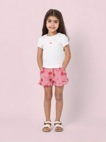 SUMWON Summer Girls Two-Piece Set White Ribbed T-Shirt With Red Gingham Floral Shorts Ruffle Trim Holiday Casual Beach Outfit - Red - View 1