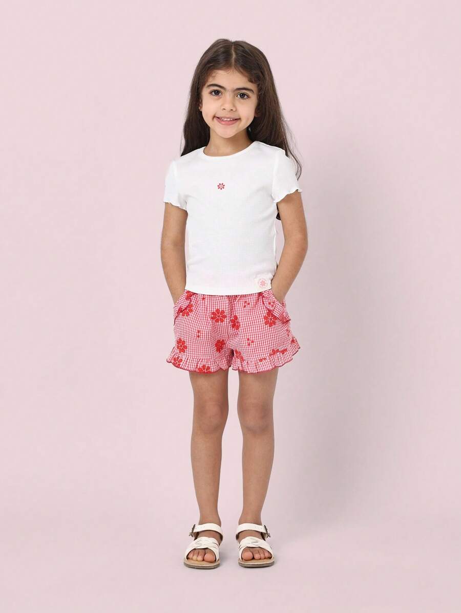 SUMWON Summer Girls Two-Piece Set White Ribbed T-Shirt With Red Gingham Floral Shorts Ruffle Trim Holiday Casual Beach Outfit - Red - View 1