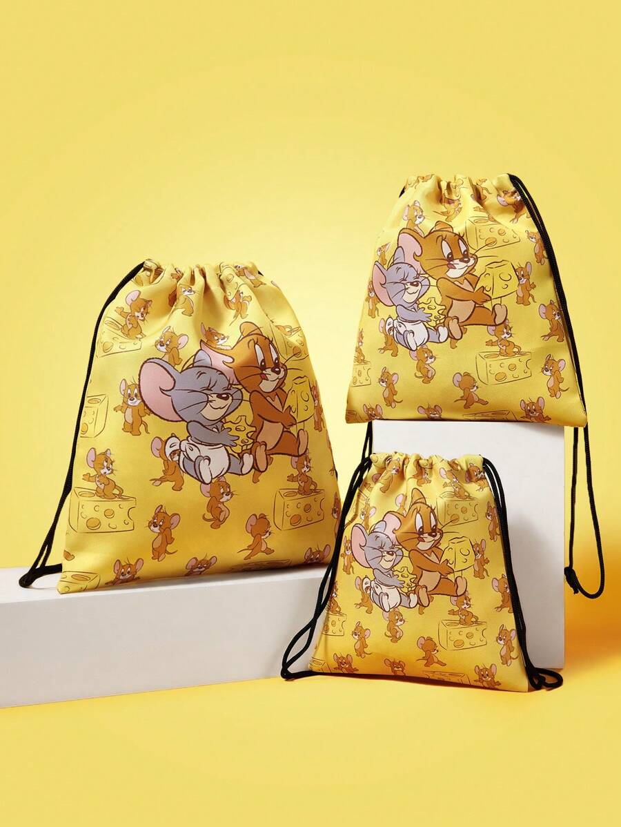 TOM & JERRY X SHEIN Geantă de depozitare de călătorie la modă cu imprimeu cu șoarece de desene animate, husă cu șnur, cu dimensiuni multiple