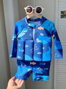 SHEIN Baby Boys/Girls Blue Cartoon Dinosaur Print Soft Knitted Round Neck Long Sleeve Buoyancy Swimsuit, Suitable For Beach, Swimming Pool, And Vacation