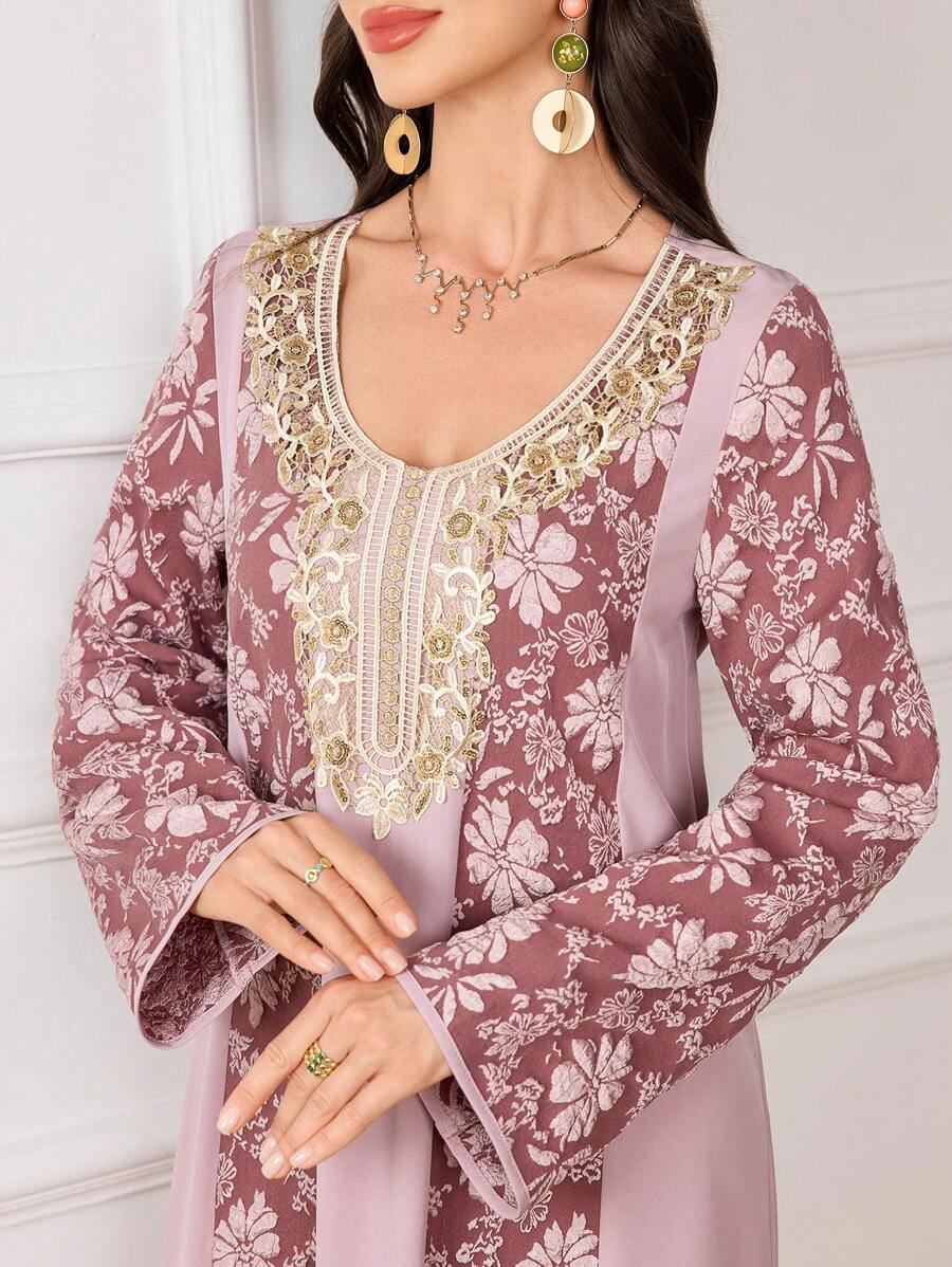 Al Najma Women's Elegant & Luxurious Turkish/Arabian Style Long Dress With Patchwork Design, Modest Kaftan - Pink - View 1