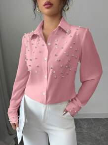 Elenzga 女式杏色串珠拼布长袖衬衫