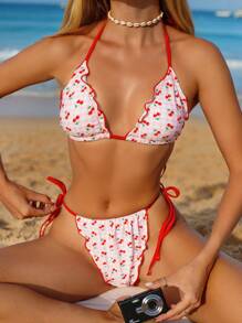 SHEIN Swim 2pcs/Set Women's Summer Beach Outfits, Random Color Cherry Printed Halter Backless Crop Top With Tie Side Bikini Bottom Swimwear - Multicolor - View 1